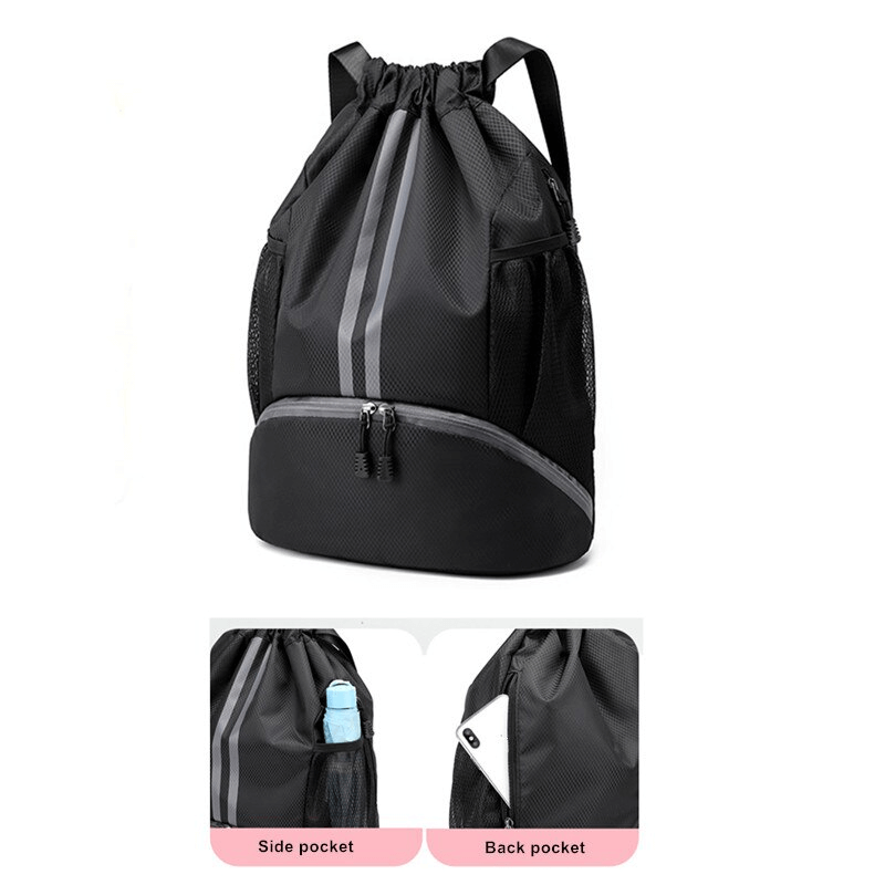 Black waterproof sports backpack with shoe compartment, unisex design, 15L capacity, featuring side and back pockets for outdoor gear.