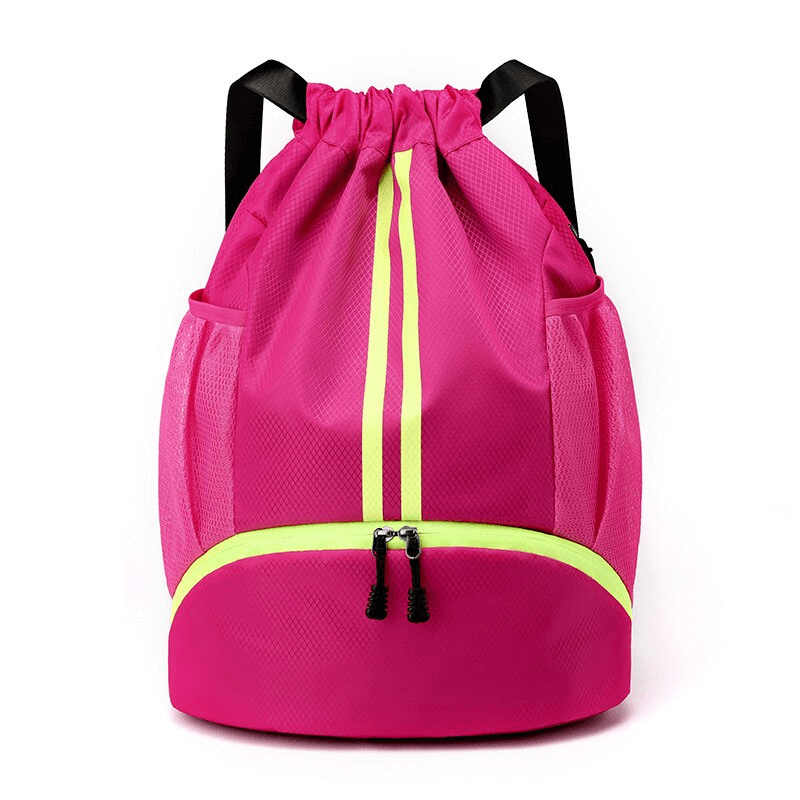 Vibrant pink waterproof sports backpack with drawstring closure, unisex design, featuring 15L capacity for shoes and accessories - SF0935.