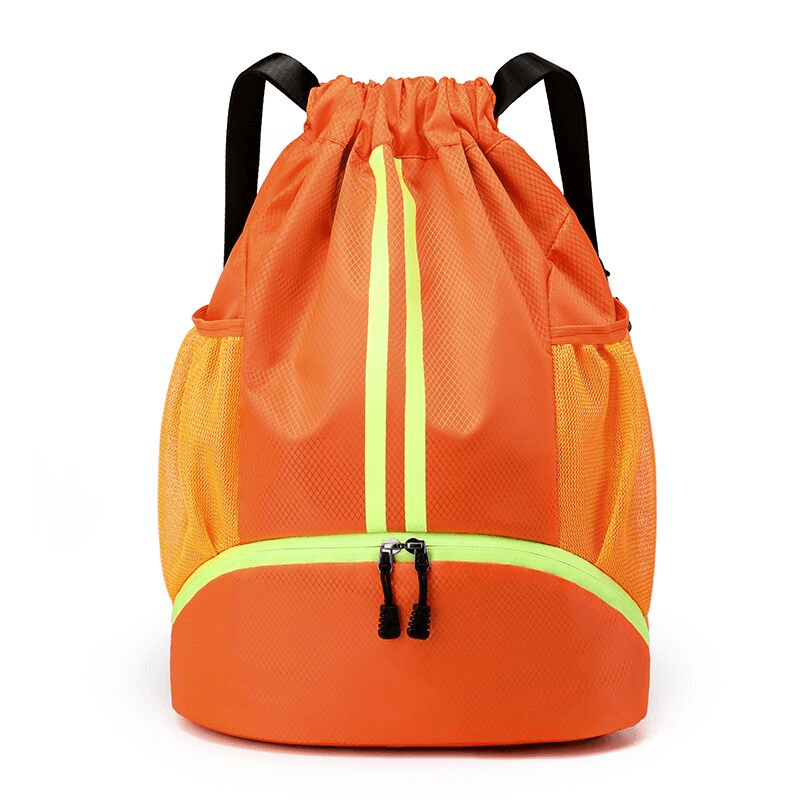 Orange waterproof unisex sports backpack with drawstring closure and front zip pocket, ideal for carrying shoes and swimming gear.