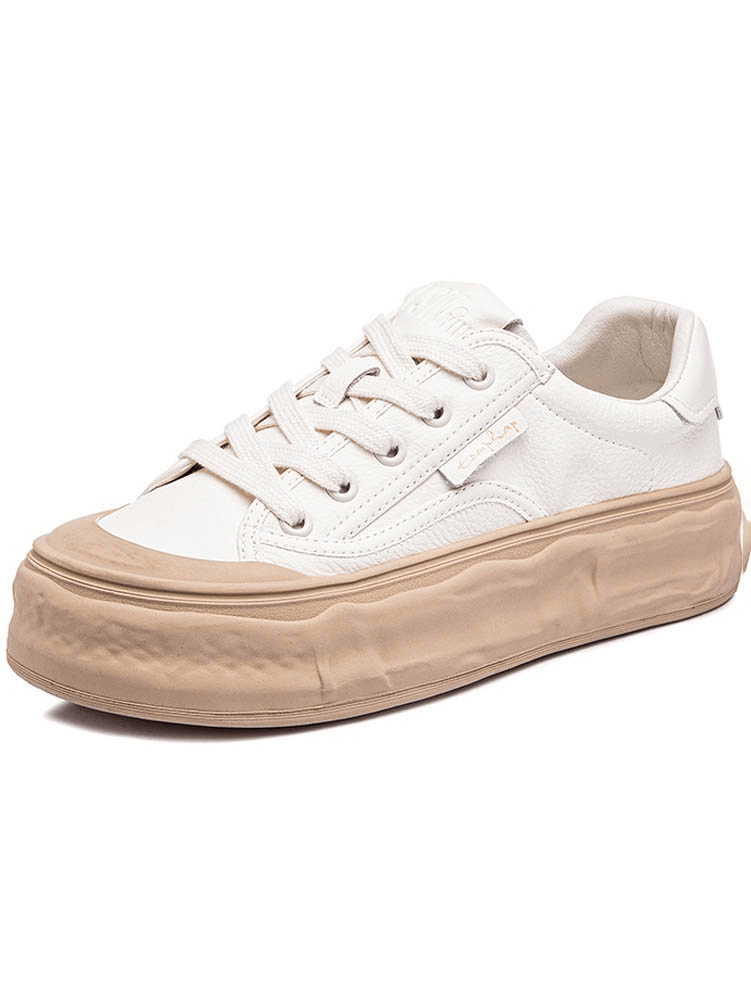 Women's round toe lace-up sneakers with thick beige sole, crafted from split leather for comfort and style. Model SF0972.