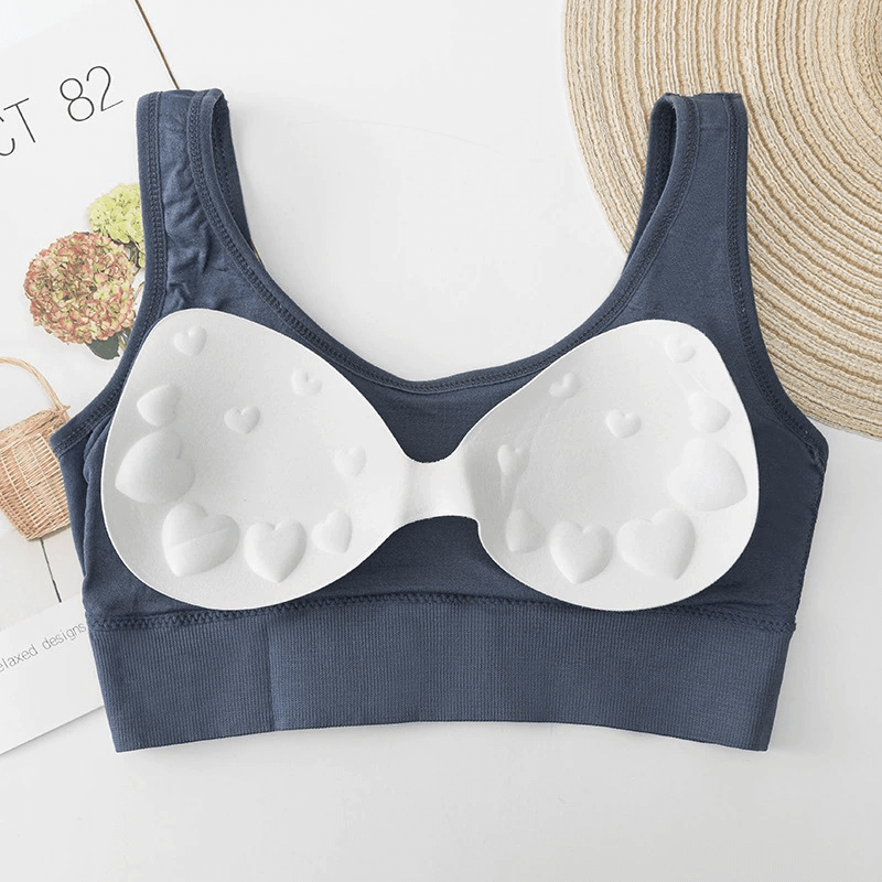 Sports Women's Seamless Blue Bra Top - SF0485, ideal for yoga and gym, with white heart design lining for comfort and style.