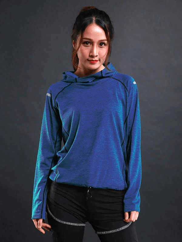 Blue women's sports hoodie with long sleeves, reflective details, perfect for gym fitness and running, model SF0097