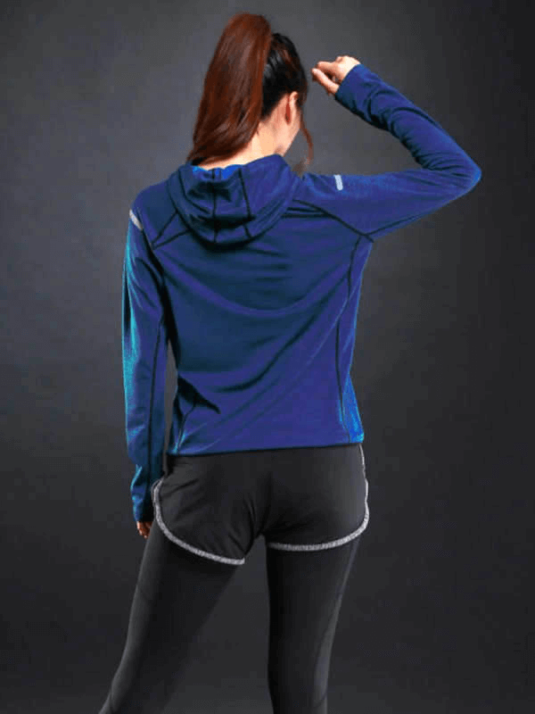 Sports women's blue thin long sleeves hoodie with reflective printing, perfect for gym and running, featuring breathable polyester fabric.