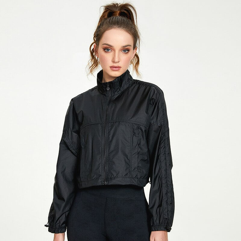 Sports Women's Thin Loose Zipper Jacket SF1228 with drawstrings, adaptable for running, training, and yoga, in sleek black nylon.