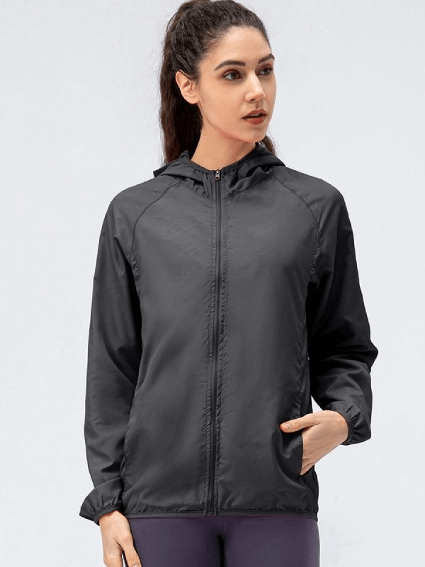 Sports women's waterproof windbreaker with zipper and hood in black, designed for outdoor running and windproof protection.