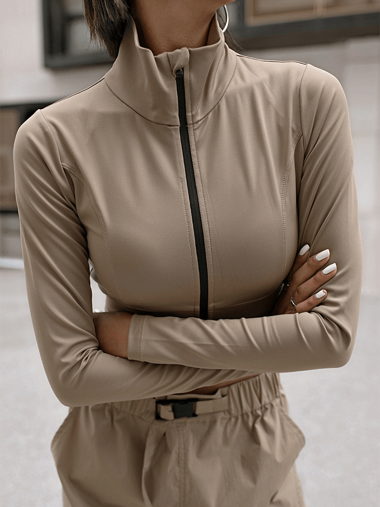 Khaki sports women's zipper elasticity jacket with Mandarin collar and long sleeves for running and fitness, SF1245.