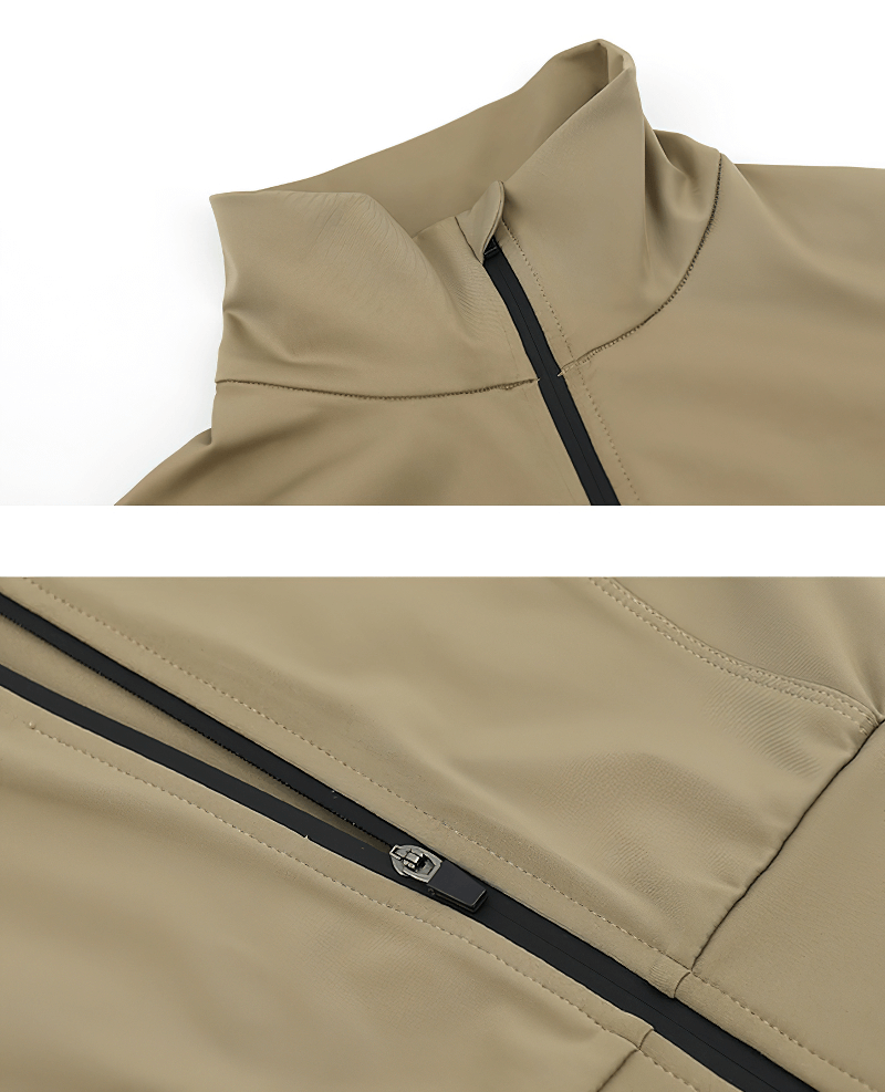 Close-up of khaki women's sports zipper jacket featuring a Mandarin collar, perfect for running and training. SKU: SF1245