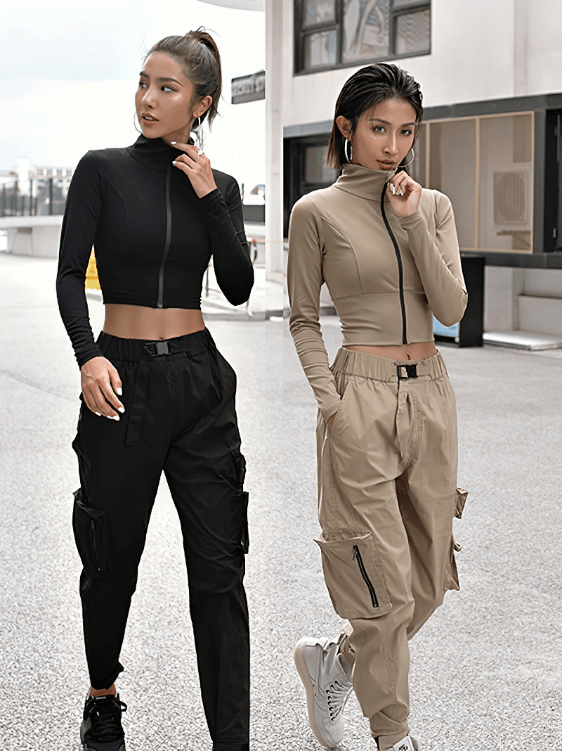 Women wearing Sports Women's Zipper Elasticity Jackets in black and khaki, perfect for running and fitness with long sleeves.