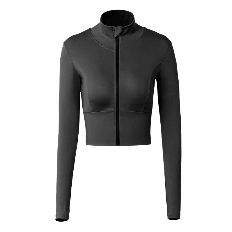 Sports Women's Zipper Elasticity Jacket in black with Mandarin collar and long sleeves, ideal for running and fitness.