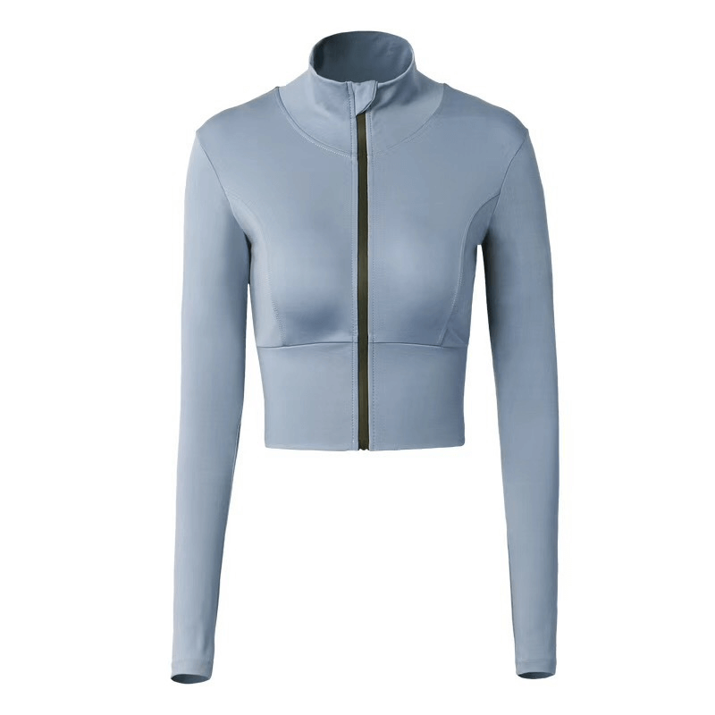 Women's sports zipper jacket with long sleeves, perfect for yoga and running, featuring a Mandarin collar. Lightweight and breathable design.