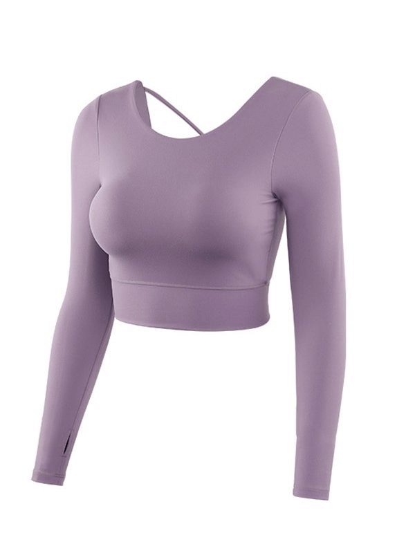 Sporty Elastic Cropped Women's Top with Open Back and Long Sleeves - SF1001