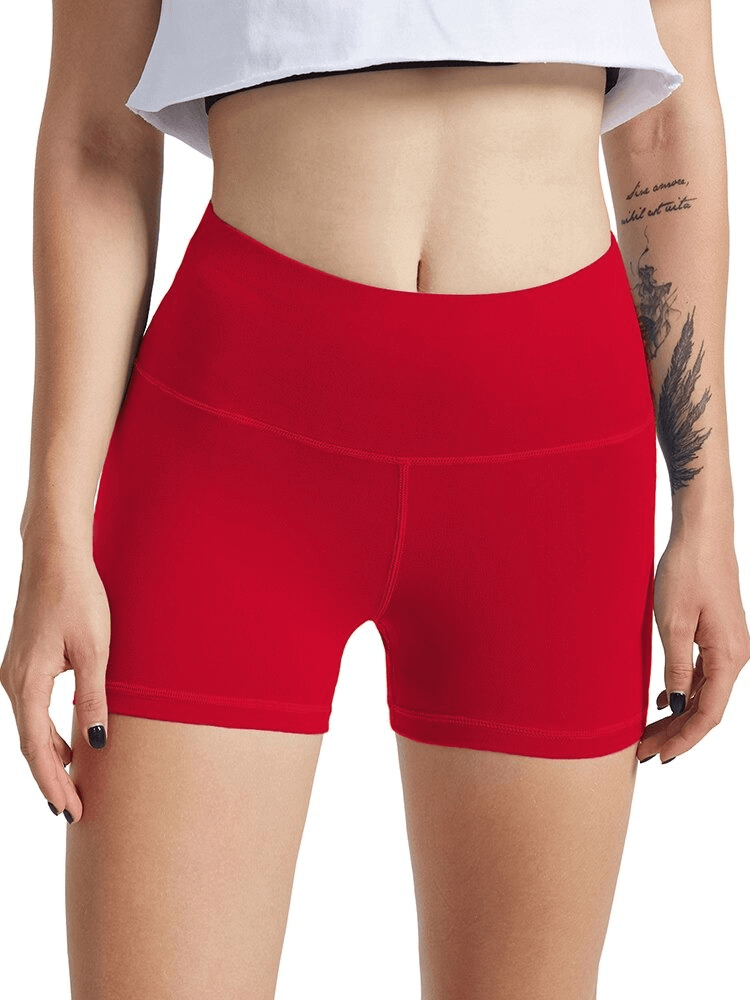 Woman wearing red Sporty Elastic Women's Short Shorts for Training with high-waist fit, perfect for workouts.