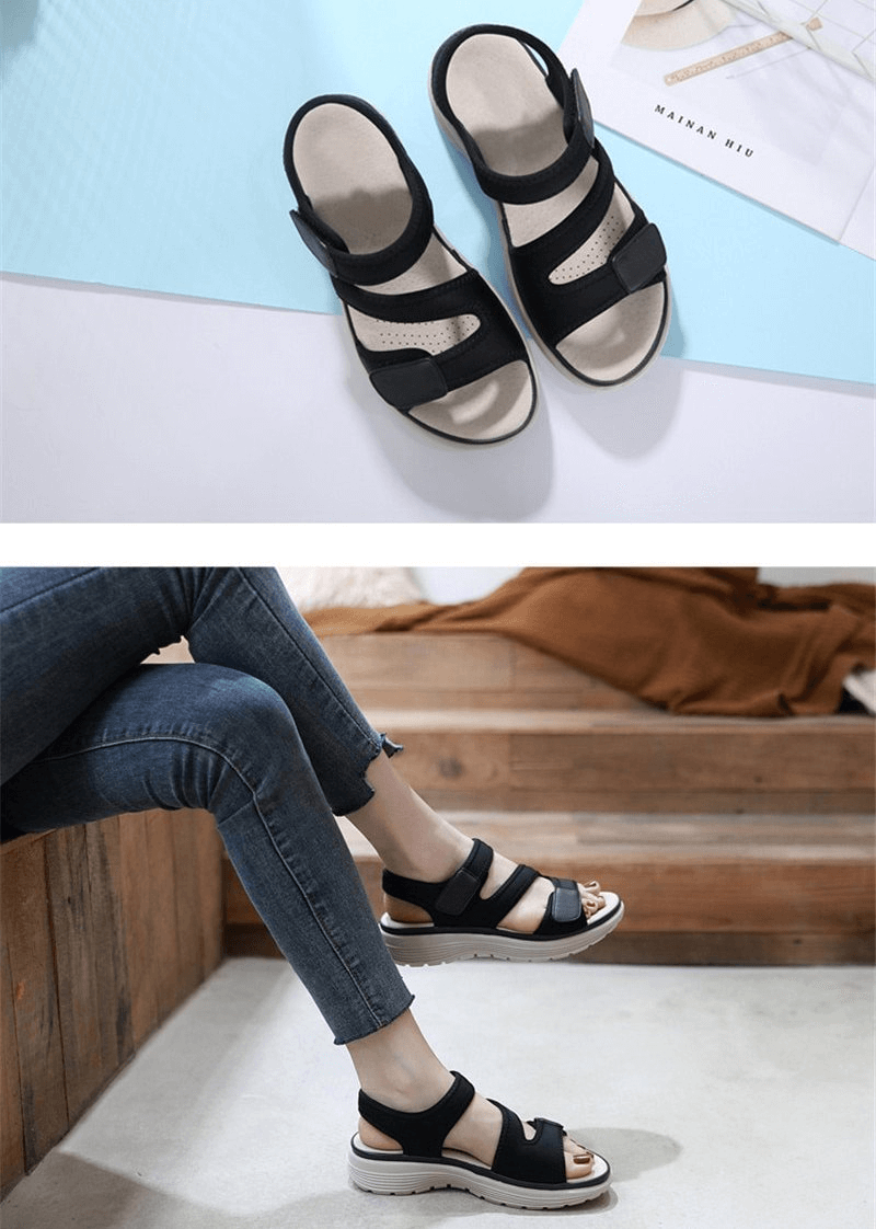 Sporty flexible women's open-toe flat sandals with fasteners in black, featuring a comfortable PU material and stylish design.