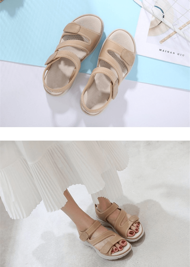 Sporty flexible women's open-toe flat sandals with fasteners, beige color, featuring front and rear straps for a secure fit.