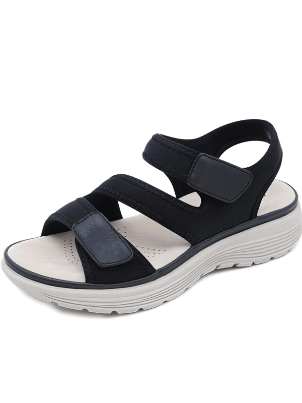 Sporty flexible women's open-toe flat sandals with fasteners and platform heel, perfect for comfort and style.