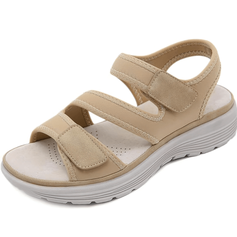 Sporty flexible women's open-toe flat sandal with fasteners, beige color, PU material, mid-level heel for comfort, style SF0982.