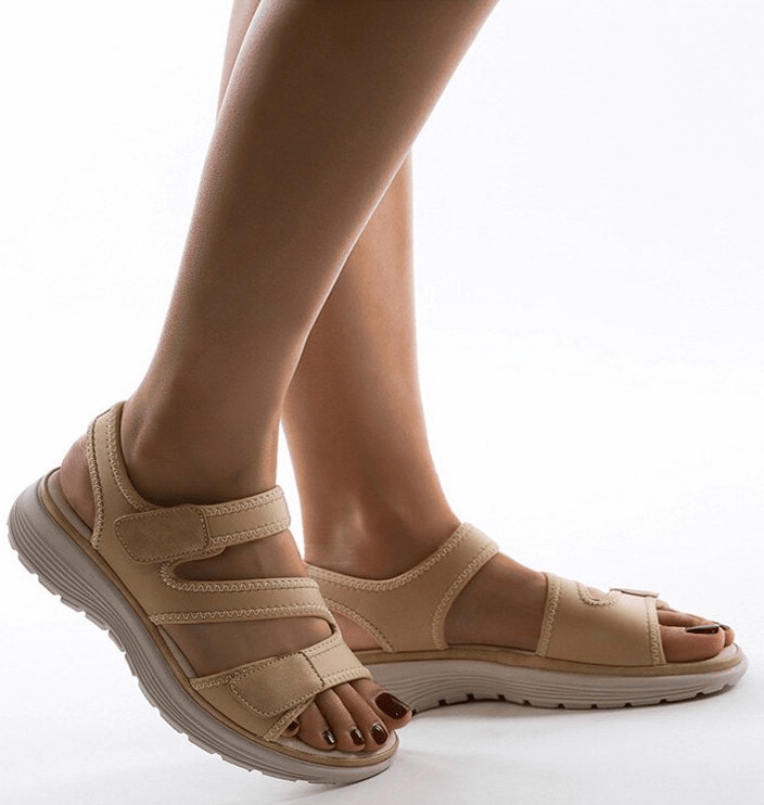 Sporty Flexible Women's Open-Toe Sandals with Fasteners, Beige, Comfortable Flat Design, 0-3cm Platform, Mid-Level Heel