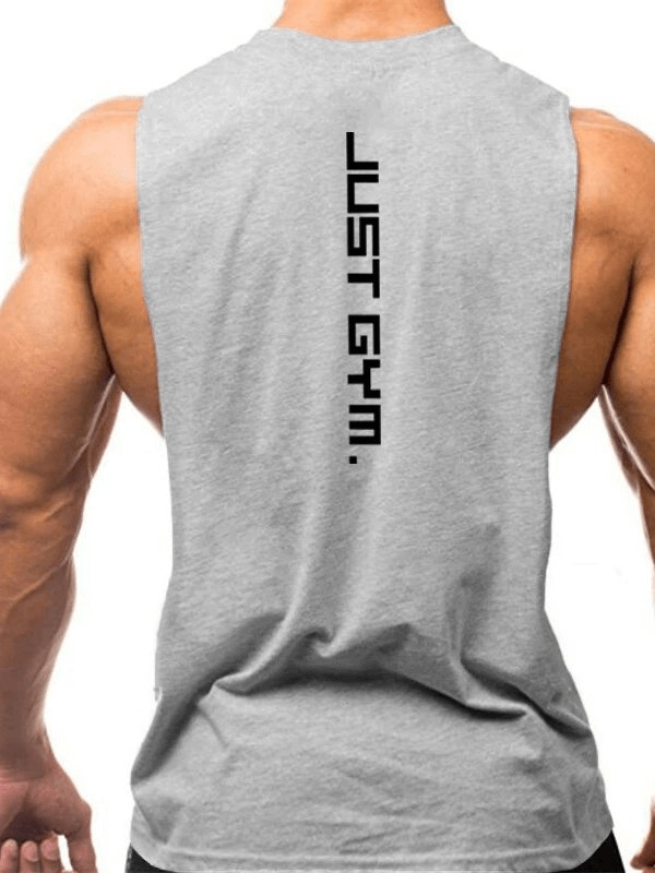 Back view of gray sporty quick-drying men's tank top with 'JUST GYM' print, featuring dropped armholes and lightweight fabric, perfect for workouts.