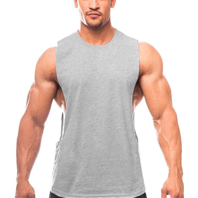 Sporty quick-drying men's tank with dropped armholes, ideal for active lifestyle and sports, shown in sleek grey color.