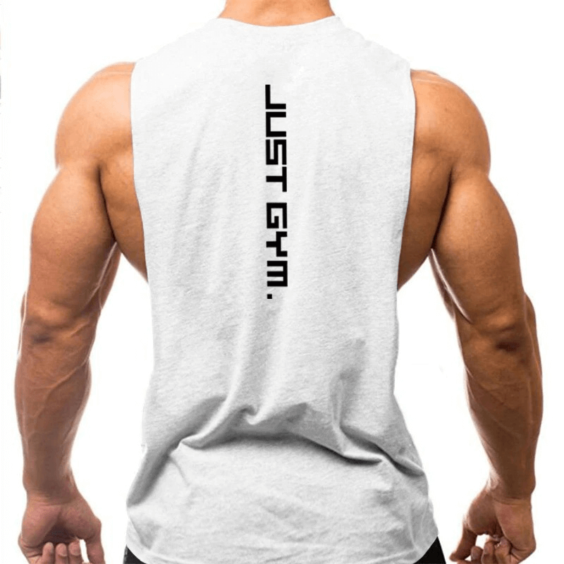 Back view of sporty quick-drying men's tank with dropped armholes, featuring 'Just Gym' text on white fabric, ideal for active workouts.