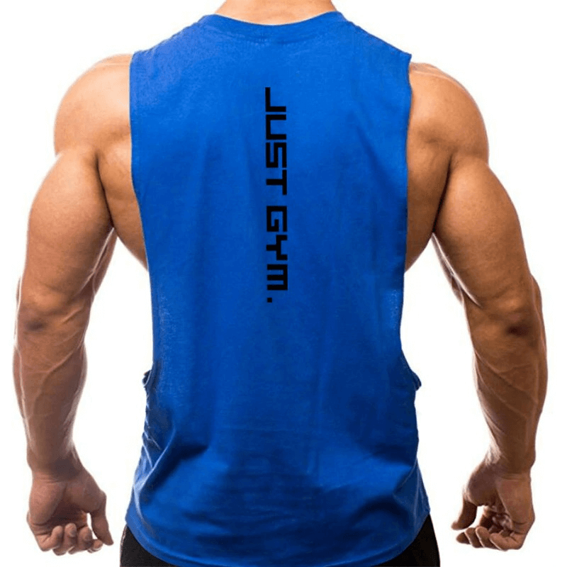 Back view of blue quick-drying men's tank top with dropped armholes, featuring "JUST GYM" text, ideal for active workouts.