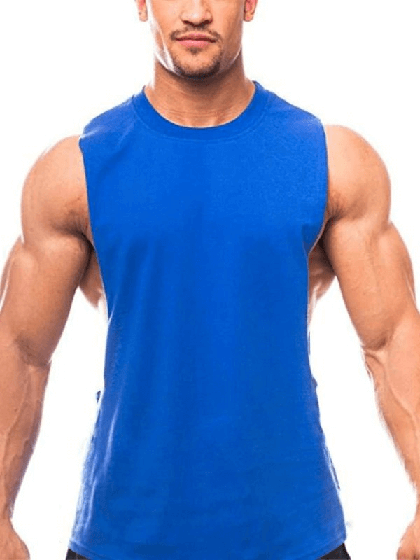 Sporty quick-drying men's tank with dropped armholes in blue, ideal for active and comfortable wear, SF0332 product model.