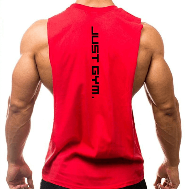 Back view of a red sporty quick-drying men's tank with dropped armholes, perfect for gym and sports activities.