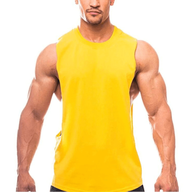 Sporty quick-drying yellow men's tank top with dropped armholes, perfect for active training and sports, shown on a muscular model.