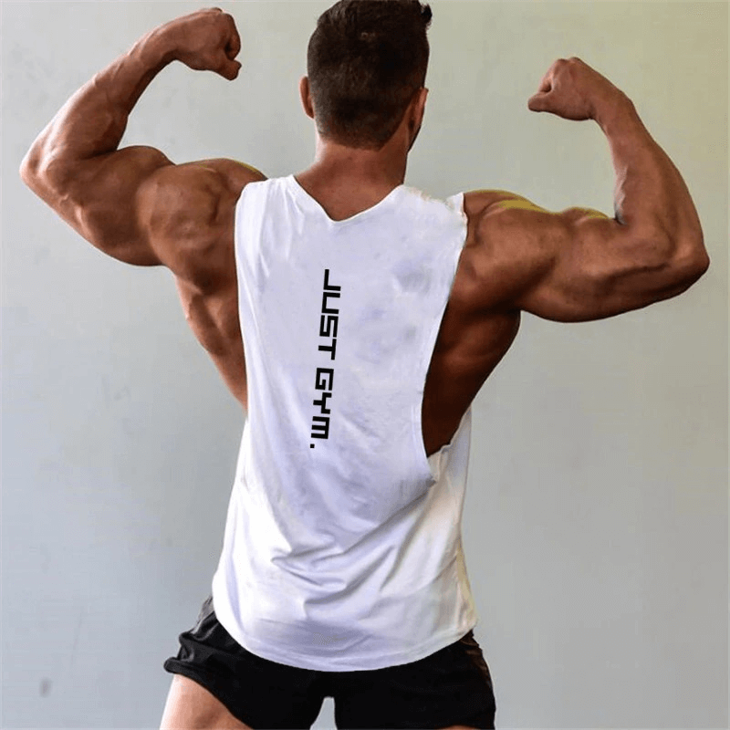 Back view of man in a sporty quick-drying tank with dropped armholes, flexing muscles. Perfect for active workouts and comfort.