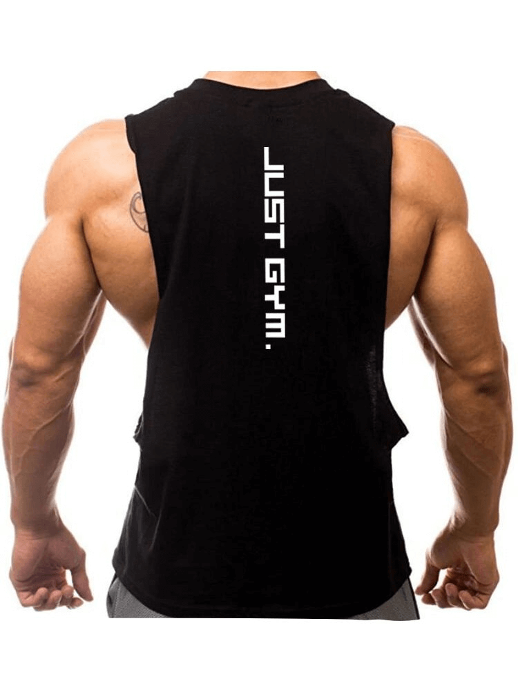 Back view of man in black quick-drying tank with dropped armholes, featuring 'Just Gym' text. Ideal for workouts, style SF0332.