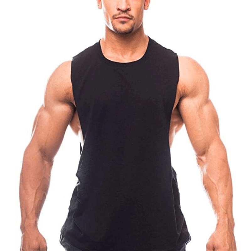 Athletic man wearing a black quick-drying tank top with dropped armholes, perfect for sports and training, front view against white background.