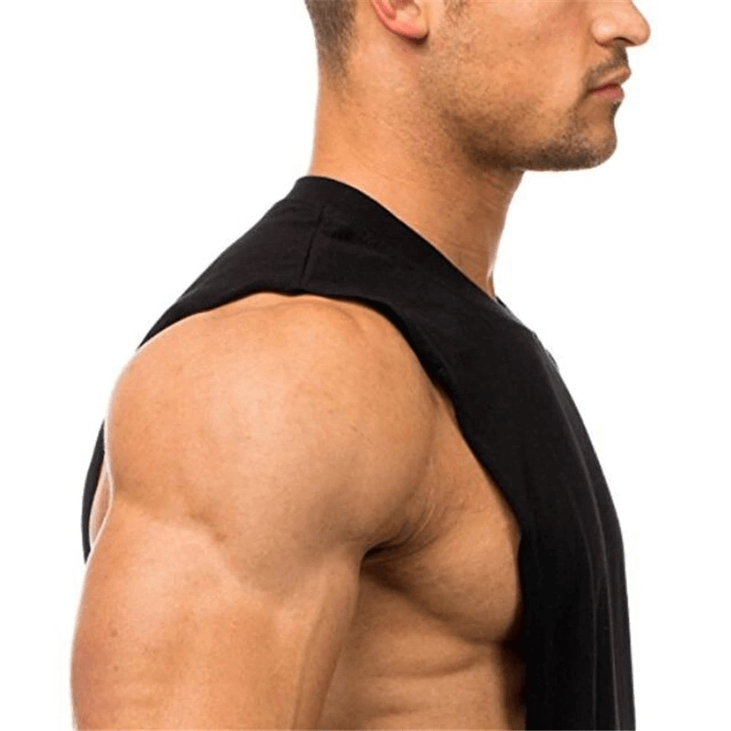 The sporty quick-drying men's tank with dropped armholes, ideal for active wear, showcasing a sleek design for movement and comfort.