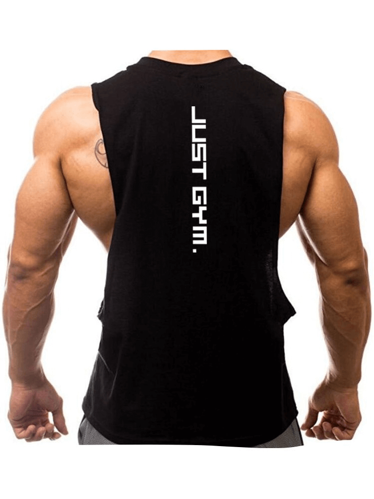 Back view of men's quick-drying black gym tank top with JUST GYM text, featuring dropped armholes for comfort during workouts.