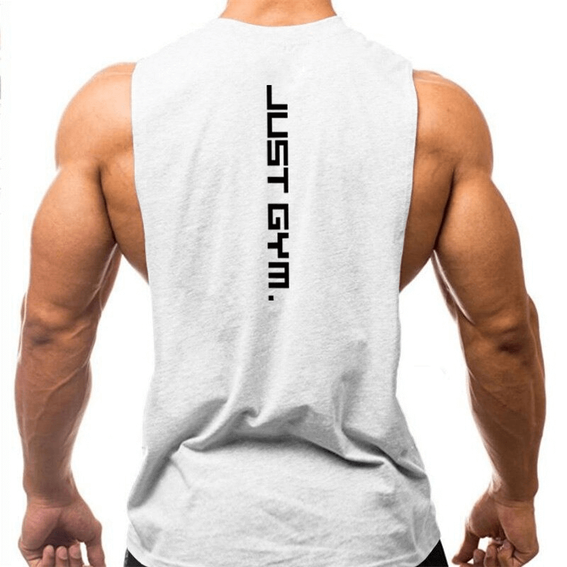 Back view of Sporty Quick-Drying Men's Tank with 'Just Gym' text, showing dropped armholes ideal for active youth. SF0332 style.