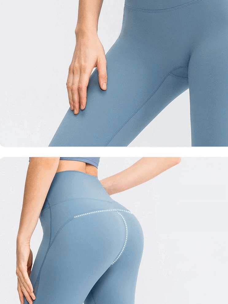 Sporty seamless women's leggings with high waist in blue showcasing flexibility and comfort for yoga routine.
