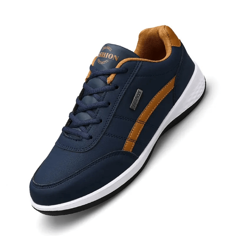 Sporty stylish blue and brown men's non-slip sneakers SF1179 with laces, rubber outsole, and waterproof microfiber upper.