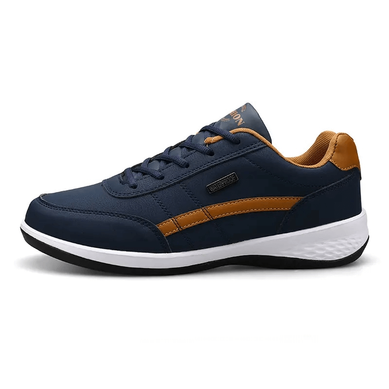 Sporty stylish men's non-slip sneakers with laces, navy and brown, lightweight rubber outsole, waterproof microfiber and thermal cotton lining.