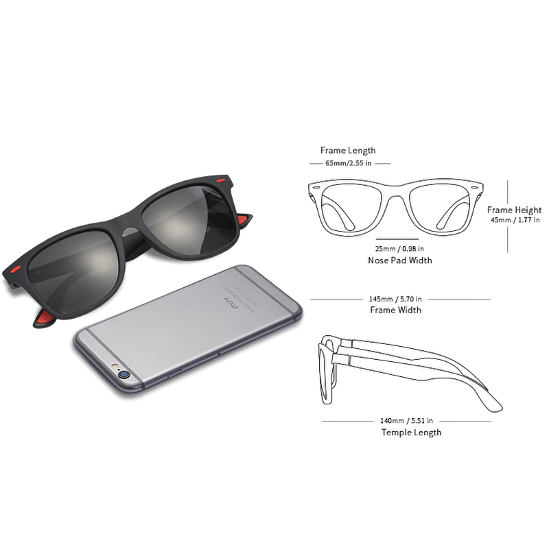 Square Style Ultralight Polarized Sunglasses SF0950 with diagram for size reference. Unisex design, UV400 protection, lightweight TR90 frame.