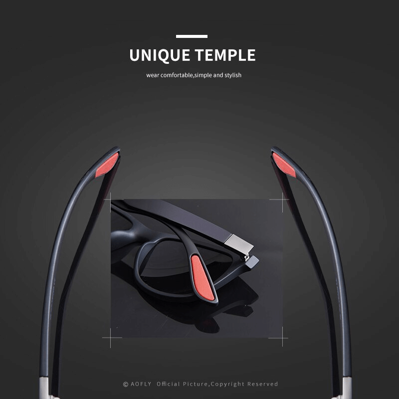 Square style ultralight polarized sunglasses with unique red temple design, showcased with an elegant black frame.