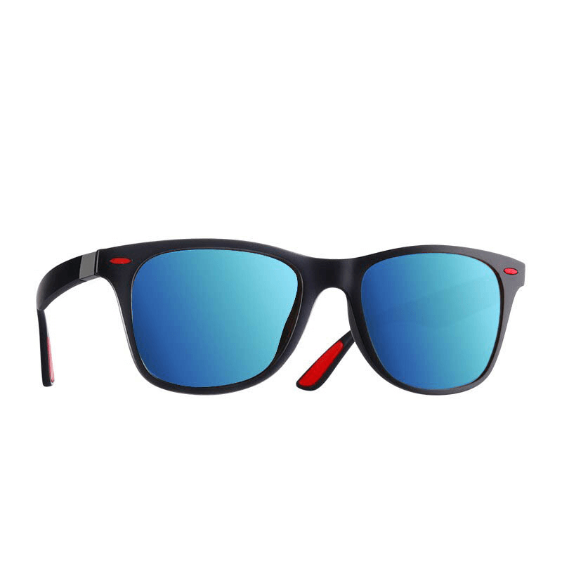 Square style ultralight polarized sunglasses with blue mirror lenses and black TR90 frame, perfect for men and women. UV400 protection.