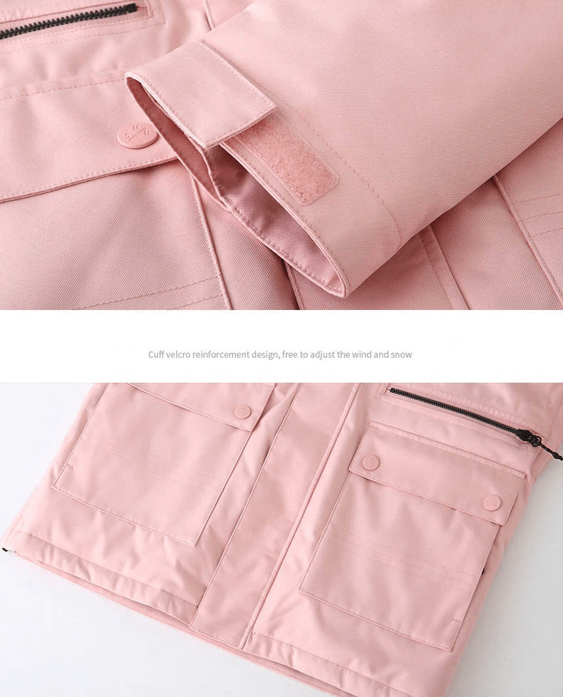 Close-up of a pink snowboard jacket with stand collar, showing multi-pockets and velcro cuffs for ski activities.