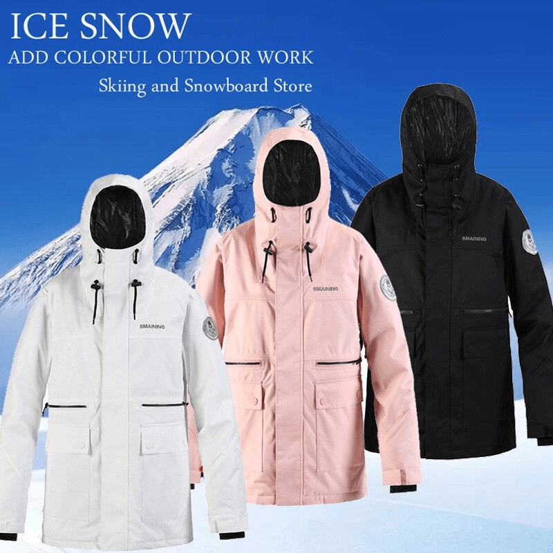 Stand Collar Snowboard Jacket in pink, black, and white with multi-pockets and velcro cuffs, ideal for skiing and snowboarding.