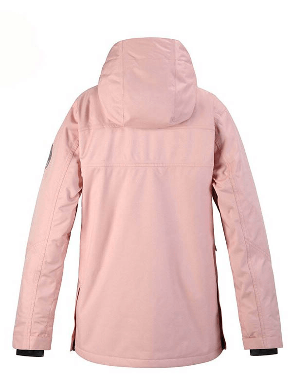 Rear view of pink Stand Collar Snowboard Jacket SF0644 with hood, velcro cuffs, and multi-pockets for skiing and snowboarding.