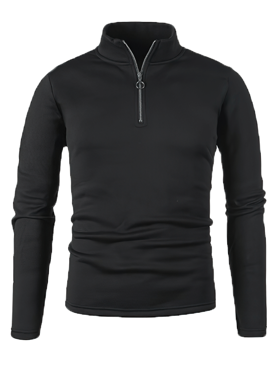 Men's black stand collar sweatshirt with half zipper, solid pattern, perfect for casual wear.
