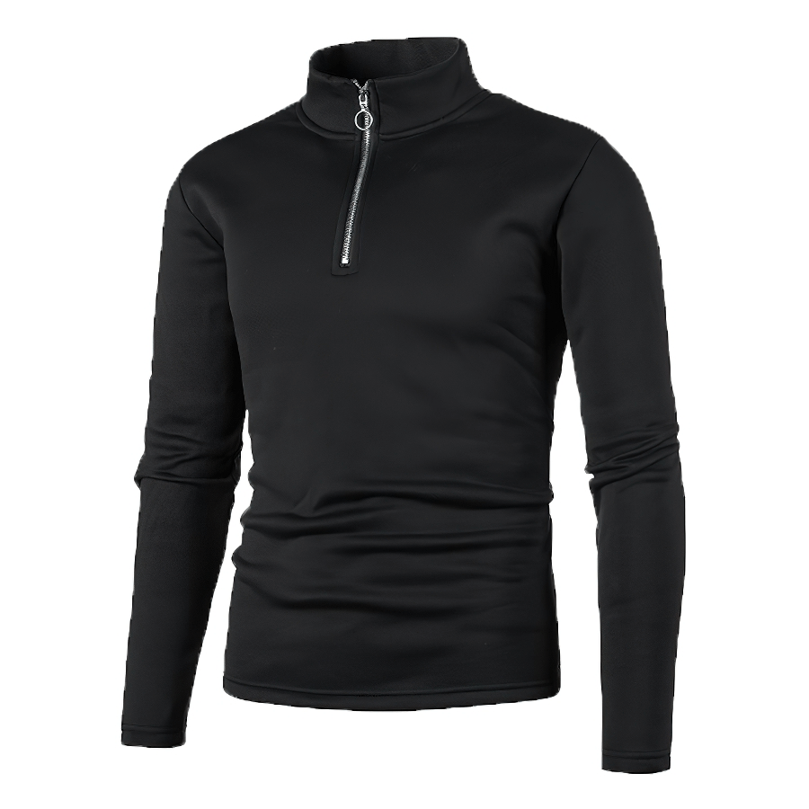 Men's stand collar thicker sweatshirt with half zipper in polyester. Stylish, casual look, solid black color, perfect for everyday wear.