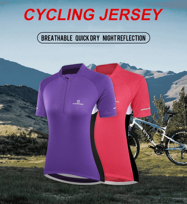 Purple and red stretch short sleeves cycling jerseys with breathable, quick-dry fabric and reflective features, mountain backdrop.