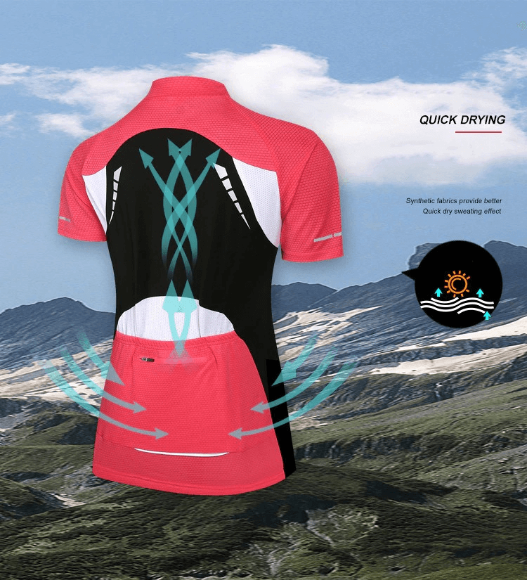 Back view of red stretch short sleeves cycling jersey with quick-dry feature and breathable design against mountainous background.