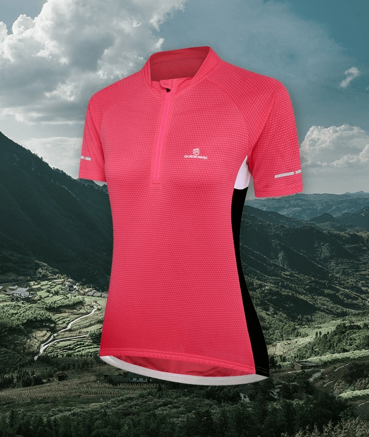 Pink stretch short sleeves cycling jersey with zipper against mountain backdrop