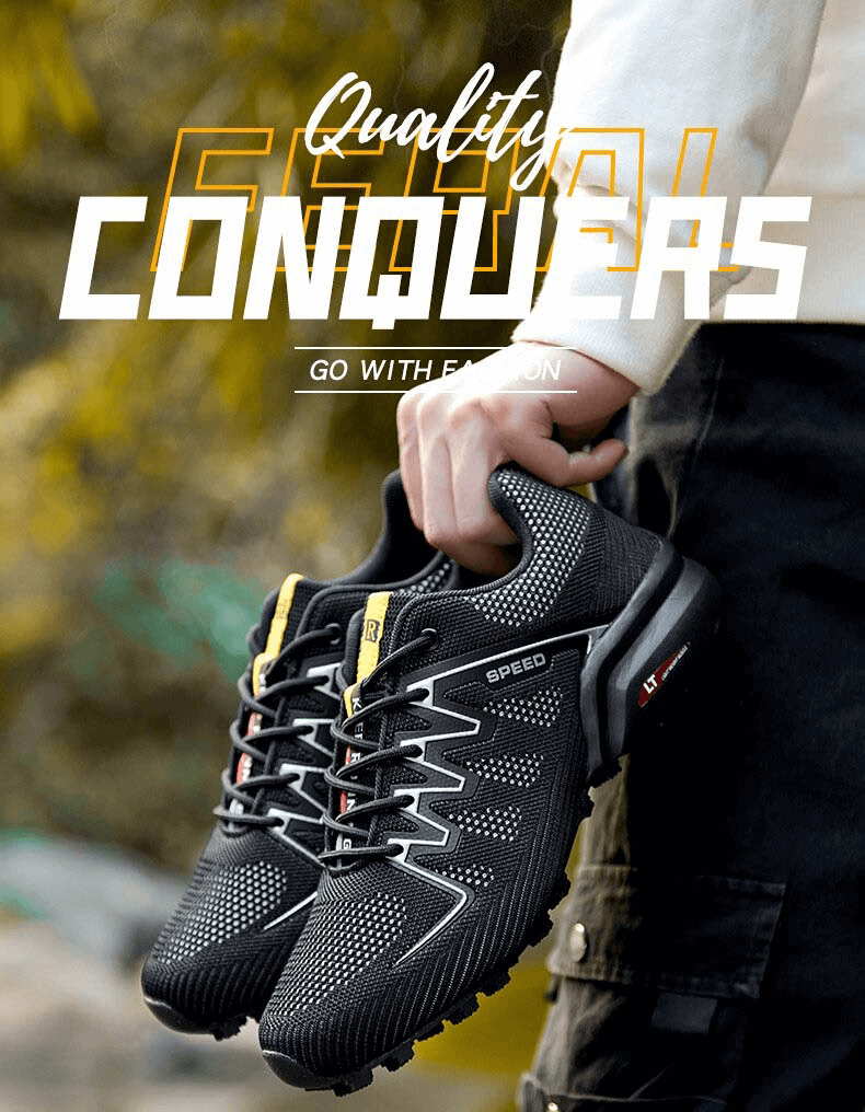 Man holding stylish air mesh gym shoes with drainage sole, featuring breathable design and camouflage pattern, ideal for casual wear.