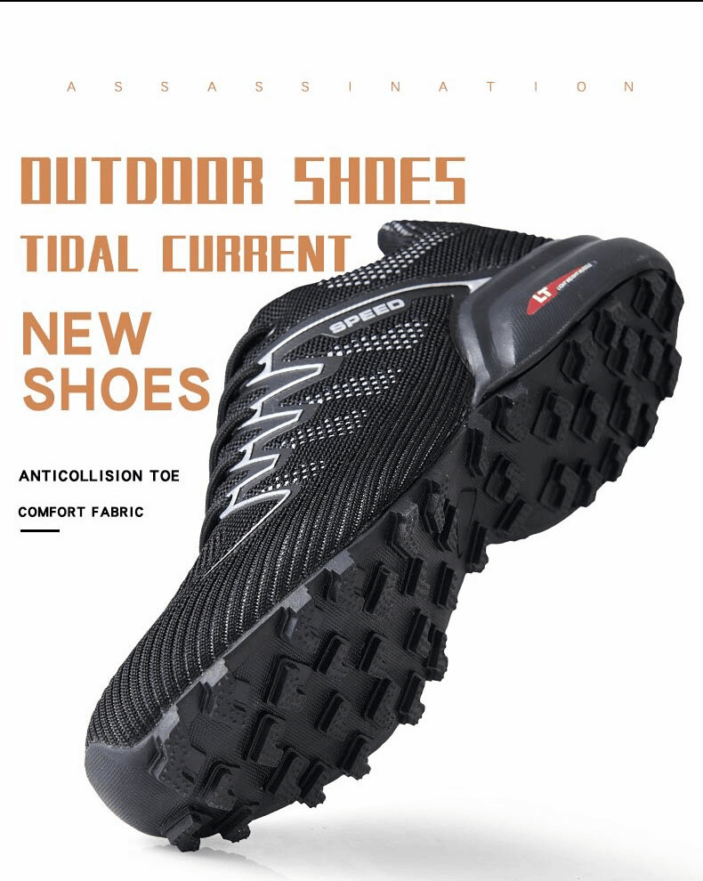 Black outdoor athletic shoe with rugged sole, labeled 'Speed', highlighting anticollision toe and comfort fabric features.